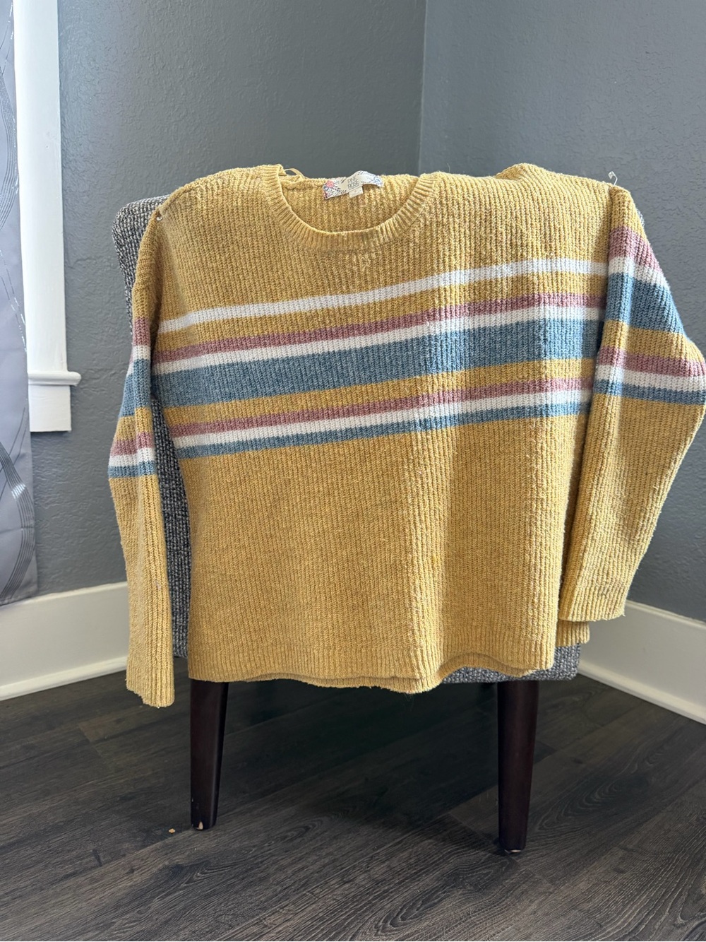 Men's Mustard Yellow Crewneck Sweater with Multicolor Stripes